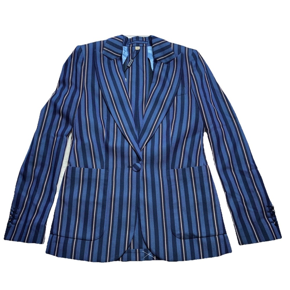 Burberry Blazer Women's 8 Blue Striped Wool Blend Tailored Jacket Queenspark NEW